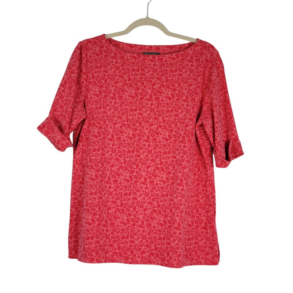 Style & Co Top Size Large Pink Floral Pullover Cuffed Elbow Boat Neck Tee Shirt
